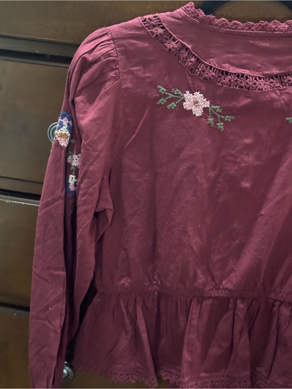 Jennifer & grace Embroidered Tie-Front Peplum Top - Burgundy long sleeve size S - Picture 6 of 12